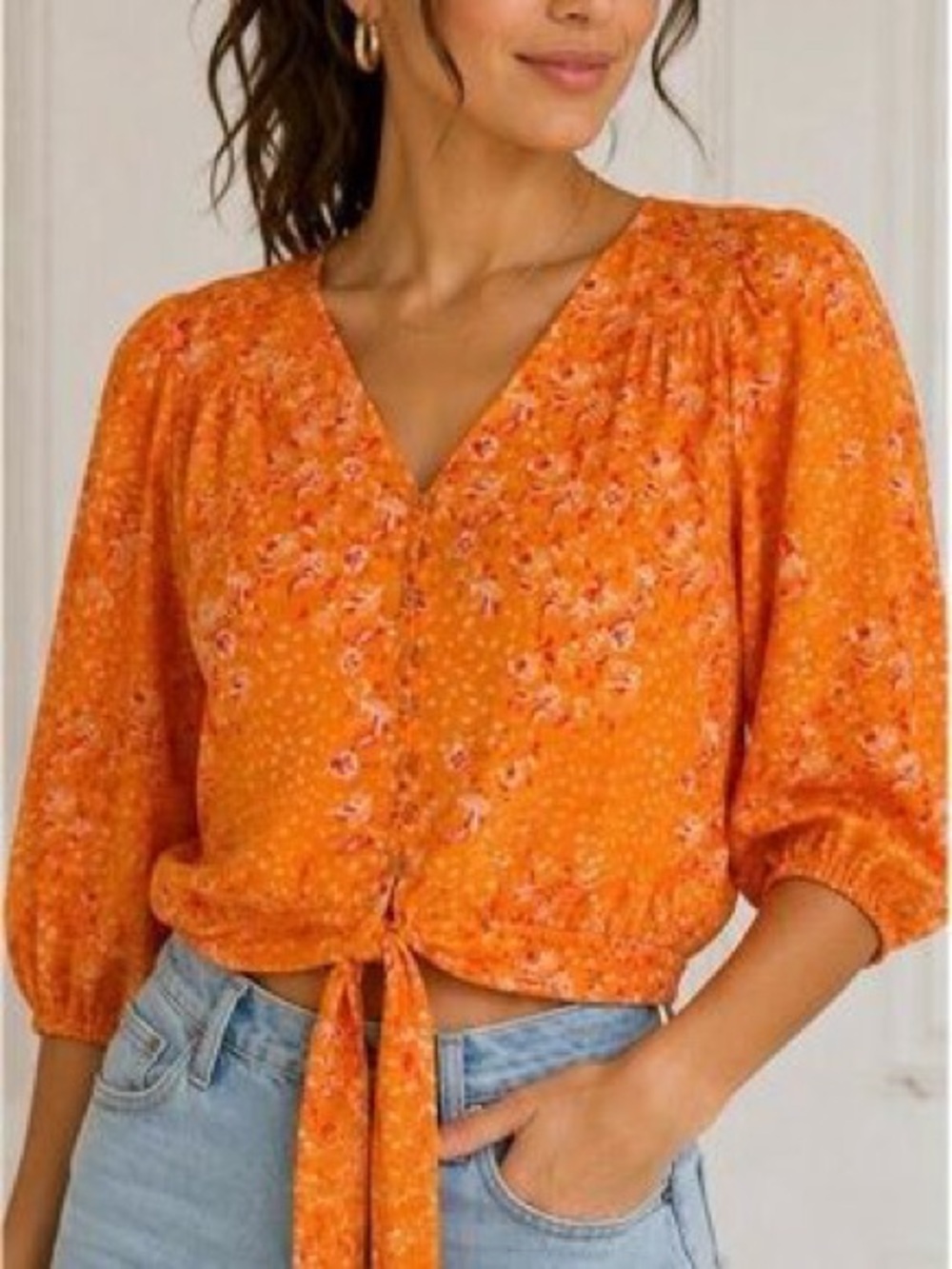 Joie | Bright Orange Floral Tie-Front Crop Top